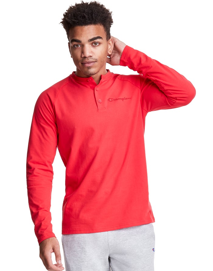 Champion T-Shirt Heren - Rood - Long Sleeve Henley ( 982510-BQN )